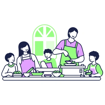 A family is gathered in a bright kitchen preparing a diabetes-friendly meal. The mother, wearing an apron, is chopping fresh vegetables on a cutting board while the father stirs a pot on the stove. Two children are at the kitchen island; one is measuring out quinoa, while the other is arranging colorful plates. There are various bowls filled with greens, beans, and lean proteins on the counter. In the background, a window allows natural light to illuminate the scene, and a table is set for dinner, featuring a salad and healthy dishes. Everyone is smiling and engaged in the cooking process.