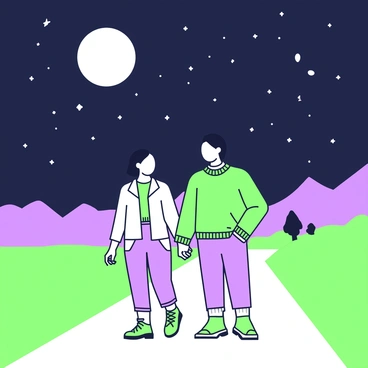 A couple is walking hand-in-hand down a path under a star-filled sky. The night sky is illuminated by numerous stars, creating a striking contrast against the dark background. Above them, a large full moon casts soft light over the scene. The couple is dressed casually; the person on the left is wearing a light jacket, while the person on the right has a cozy sweater. They are positioned slightly off-center, allowing for a view of the surrounding landscape, which includes silhouettes of distant trees and gentle hills. The couple appears to be enjoying their time together, with smiles on their faces as they stroll.