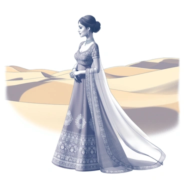 A bride is standing gracefully, adorned in a lavish lehenga with intricate embroidery and embellishments. Her outfit features detailed patterns and flows elegantly around her. She holds her arms slightly apart, allowing the lehenga's fabric to fall beautifully. The backdrop consists of expansive golden sand dunes that rise and fall in smooth curves. The contrast between the bridal attire and the sandy landscape emphasizes her presence. Her hair is styled in an elegant updo and adorned with delicate jewelry, complementing the grandeur of her outfit. The sunlight casts soft shadows, highlighting the textures of both the lehenga and the dunes.