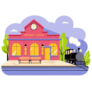A vintage train station with an intricate brick facade stands under a dusky sky. The station is illuminated by warm yellow lights, casting a soft glow on the platform. Several wooden benches are arranged along the platform, and an old-fashioned clock hangs above, displaying the time. A steam locomotive is positioned at the tracks, with puffs of steam rising into the air. Lush greenery surrounds the station, adding to the nostalgic scene.