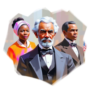 A portrait featuring "Frederick Douglass" prominently in the center, displaying his distinguished features, including his iconic white hair and intense gaze. Surrounding him are other influential historical figures, such as "Harriet Tubman" with her determined expression, "Sojourner Truth" gesturing passionately, and "Abraham Lincoln" with a contemplative look. Each figure is rendered in rich detail, capturing their unique attire and expressions. The background contains subtle hints of their historical contexts, including elements like the American flag and symbols of freedom. The overall composition highlights the importance of their contributions to history and equality.