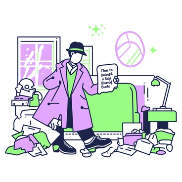 A detective is standing in a messy room filled with disorganized items. The detective, wearing a dark trench coat and a fedora, gazes intently at a single clue held in their hand — a crumpled piece of paper covered in writing. The room has scattered papers, overturned furniture, and a broken lamp in the background. A window on the far wall allows light to filter in, illuminating dust particles in the air. The detective's expression is one of focus and determination as they draw a sweeping conclusion from the clue.