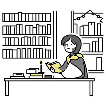 A man with long dark hair and a rugged appearance, dressed in a simple cloak, is sitting at a wooden table in a library. He is focused on an ancient tome with a worn leather cover, its pages yellowed with age. The library is filled with tall, wooden shelves lined with dusty books of various sizes and colors. Some books are stacked haphazardly on the table, and cobwebs hang in the corners of the room. A single candle flickers, casting a warm glow over the scene.