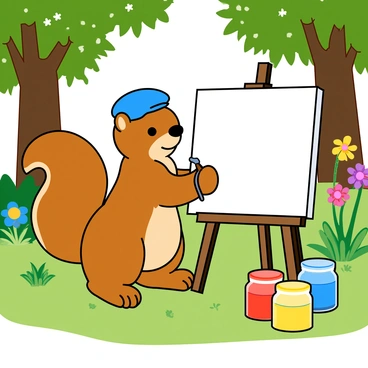 A cartoon-like squirrel with fluffy brown fur is standing on its hind legs, holding a small easel with a blank canvas. The easel is positioned on a patch of green grass, surrounded by tall trees and colorful wildflowers. The squirrel is wearing a tiny blue beret tilted to one side and has a small paintbrush in its paw. Next to the easel, there are several jars of bright paint in various colors, including red, yellow, and blue. The background features lush green foliage and dappled sunlight filtering through the leaves. The scene conveys a playful and imaginative atmosphere.