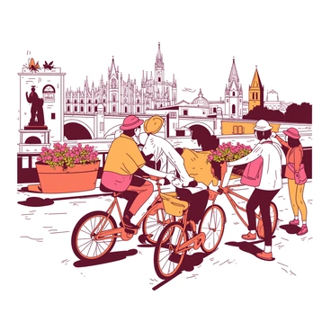 A group of tourists on orange bicycles is riding through the streets of a historical city. In the background, there are iconic landmarks such as an ancient stone bridge and a grand cathedral with intricate architecture. The tourists are wearing colorful helmets, and some are taking photos with their smartphones. The cobblestone streets are lined with charming old buildings, adorned with flower boxes. A few tourists are pointing towards a famous statue, while others are enjoying the view of the city’s skyline.