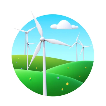 A wind turbine farm with several tall turbines turning gracefully on rolling green hills. The blades of the turbines are white, contrasting against the vibrant green of the grass below. The hills are gently undulating, with patches of wildflowers adding splashes of color. A clear blue sky stretches overhead, with a few fluffy white clouds drifting by. The scene captures the harmony between renewable energy and nature.