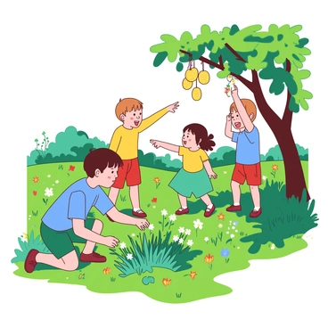 A group of children is exploring a vibrant meadow filled with lush green grass and colorful wildflowers. Each child is dressed in bright clothing, with two boys wearing blue and red shirts, and two girls wearing yellow and teal dresses. They are eagerly searching for rare "golden grusha," which are shiny golden fruits that glimmer in the sunlight. One child is crouching down, reaching out to pick a golden grusha from beneath a small bush, while another child points excitedly to a cluster of golden fruits hanging from a nearby tree. The atmosphere is filled with joy and excitement as the children engage in their treasure hunt.