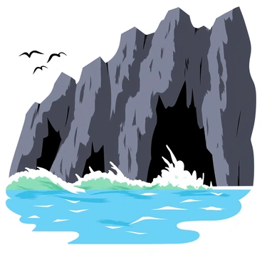 Mysterious sea caves located at the base of a tall, rugged cliff. The cliffs are dark gray with sharp edges and rough textures, contrasting against the deep blue ocean waves crashing against them. The caves are various sizes, some small and others large enough to allow a glimpse of the dark interior. The water is a vibrant turquoise color, foaming as it rolls into the caves. Sunlight streams through the openings of the caves, illuminating patches of the wet, rocky surfaces inside. Seagulls can be seen flying above, adding to the sense of adventure and exploration in this coastal scene.