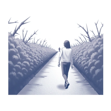 A narrow path that is flanked by sharp thorns and dense, prickly bushes. The thorns are twisted and protrude from the sides, creating an almost obstacle-like effect. A person is walking along this path, carefully navigating through the dense underbrush. The individual is focused on moving forward, with determination evident in their posture. In the distance, a faint outline of a friend can be seen, providing motivation to continue despite the challenging surroundings. The scene captures the struggle and perseverance required to reach the friend.