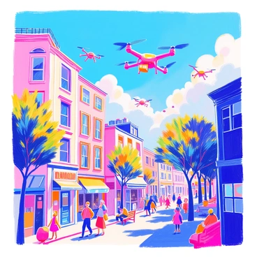 A fleet of drones is flying high above a bustling urban neighborhood. The drones are sleek with shiny exteriors and are each carrying small packages securely attached to their undersides. Below, a variety of people are going about their day. Some are walking on the sidewalk, while others are sitting on benches or chatting in groups. The buildings are modern with large windows and colorful storefronts. Trees line the streets, providing green contrast to the concrete surroundings. In the background, a blue sky is dotted with fluffy white clouds.