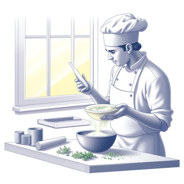 A boulanger adding fresh herbs to a dough mixture in a sunny kitchen