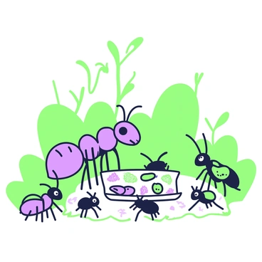 An ant is positioned at the center of a small clearing, hosting a gathering with various insects around it. The ant is distinct with its segmented body and antennae, actively communicating with its guests. Surrounding the ant are other insects such as beetles and grasshoppers, all animatedly engaged in conversation. In front of them is a shared meal consisting of a variety of food items like crumbs and leaves, arranged on a flat rock. Sunlight filters through the foliage above, casting natural shadows on the ground, enhancing the lively atmosphere of the gathering.