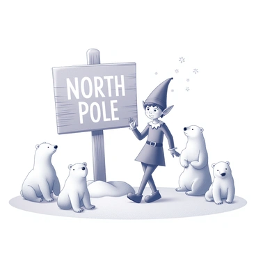 An elf standing next to a large wooden sign that reads "North Pole." The elf is wearing a festive outfit with a pointed hat and curly-toed shoes. Surrounding the elf are several polar bears, each with a fluffy coat and distinct facial features. Some of the bears are sitting while others are standing on their hind legs, displaying curiosity. The scene is set in a snowy landscape, with soft drifts of snow covering the ground and a few snowflakes gently falling from the sky. The overall composition highlights the interaction between the elf and the polar bears in this wintery setting.