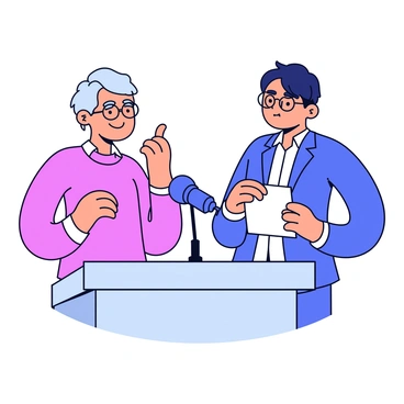 A mentor standing beside a student at a podium. The mentor has a thoughtful expression, pointing towards a microphone that is placed prominently in front of them. The student looks attentive and engaged, holding a notepad in one hand while adjusting their glasses with the other. The podium is simple, with a smooth surface and subtle curves. Behind them is a blank backdrop, emphasizing the focus on the mentor and the student.