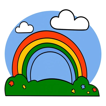 A vibrant rainbow formed entirely of balloons arcing across a bright blue sky filled with fluffy white clouds. The balloons are in various colors including red, orange, yellow, green, blue, and purple, providing a cheerful and festive appearance. Below the rainbow, a lush green landscape is visible, dotted with colorful flowers. The sunlight casts a warm glow on the scene, enhancing the vivid colors of the balloons and the surrounding nature.