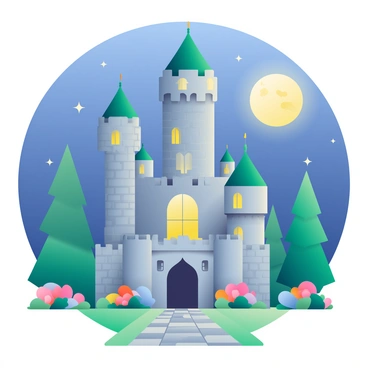 A towering castle with intricate spires and turrets rises majestically against a moonlit sky. The castle is constructed from grey stone, with glowing windows that emit a warm golden light. Surrounding the castle, there are lush green trees partially illuminated by the moonlight. The sky is deep blue, sprinkled with twinkling stars, while a large, bright full moon casts a soft glow over the entire scene. In the foreground, a cobblestone path leads up to the castle entrance, flanked by blooming flowers with vibrant colors.