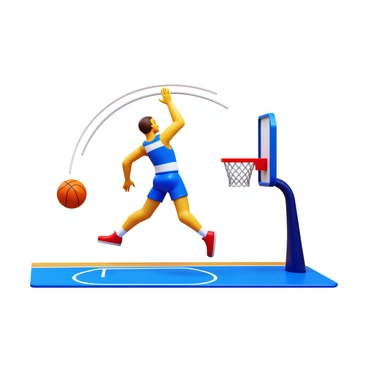 A basketball player in mid-air, releasing the basketball from his hands. The ball follows a parabolic arc, gracefully moving towards the hoop. The player is wearing a blue jersey with white stripes and red basketball shoes. The basketball is a vibrant orange color, clearly visible in the sky. The hoop is located at the end of the court, with the net slightly swaying, indicating motion. The background features a hardwood basketball court with markings and a cheering crowd in the stands.