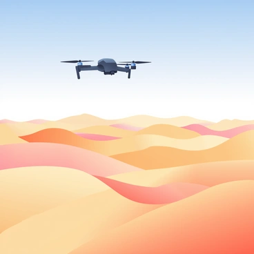 A drone with a sleek black design is positioned high above a vast desert landscape. Below, endless rolling sand dunes stretch out in varying shades of golden and light brown. The dunes create a wave-like pattern, with gentle slopes and crests that seem to go on forever. The clear blue sky above provides a stark contrast to the warm tones of the sandy terrain. Sunlight casts soft shadows on the dunes, highlighting their curves and contours.