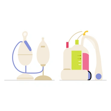 A side-by-side comparison of "traditional breast pump" and "modern breast pump" is shown. On the left, the traditional breast pump features a manual hand pump with a clear plastic collection bottle and a soft silicone breast shield. It has a simple, utilitarian design with a handle and a base for stability. On the right, the modern breast pump is an electric model with a sleek design, featuring a digital display and multiple settings. The collection bottles are curved and made of colorful plastic, with a clear breast shield. Both breast pumps are placed on a light-colored surface, highlighting their differences in technology and design.