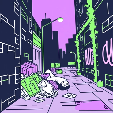 A cityscape at dusk reveals tall buildings silhouetted against the fading light. In the foreground, there is a narrow alleyway that branches off from a busy street, casting deep shadows. The alley is lined with brick walls, some covered in green vines and purple graffiti. Lying on the ground is a body in an advanced stage of decomposition, partially hidden beneath a pile of discarded crates and trash. The body is surrounded by scattered debris, including old newspapers and a green bottle. A faint glimmer of purple light reflects off a puddle nearby. In the distance, a streetlamp flickers, illuminating the scene with an eerie glow.