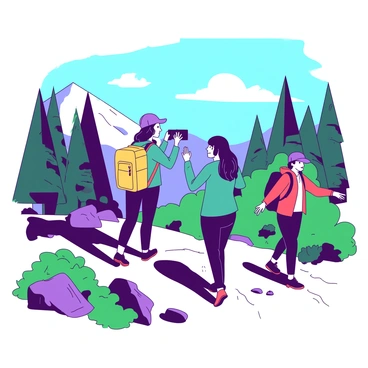 A group of four friends is hiking up a rocky mountain trail. One friend, wearing a bright yellow backpack, is leading the way, with a determined expression on their face. The second friend, with a purple cap, is taking a photo of the stunning scenery. The third friend, dressed in teal outdoor gear, is stopping to enjoy the view, hands on their hips. The fourth friend, in a red jacket, is pointing at something interesting on the trail. Surrounding them is lush greenery, with tall trees and vibrant bushes. Above, the sky is clear and blue, with a few fluffy white clouds scattered throughout.