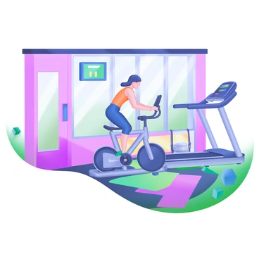 A modern gym interior featuring a person cycling on a stationary bike. The cyclist is wearing athletic clothing, focused on their workout. Surrounding the bike are exercise equipment such as free weights and treadmills. The walls are painted in soft pastel colors, and there are large windows allowing natural light to fill the space. A digital display shows the cyclist's progress. Brightly colored gym mats are spread across the floor, adding to the vibrant atmosphere of the gym.
