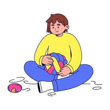 A character with short brown hair is sitting cross-legged on a simple floor. They are gazing intently at a large ball of tangled yarn in front of them, which is a mix of vibrant colors like red, blue, and yellow. The character's expression shows a furrowed brow and pursed lips, conveying deep concentration. Scattered around are a few loose strands of yarn, adding to the sense of confusion. The overall scene is minimalistic, focusing on the character's interaction with the yarn.