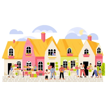 A picturesque village featuring several thatched-roof houses arranged along a cobblestone street. The houses are painted in vibrant colors, with flowers in window boxes. There are bustling market stalls set up along the street, displaying fresh fruits, vegetables, and handmade crafts. Friendly villagers are interacting with one another; some are chatting while others are browsing the stalls. A few children are playing nearby, adding life to the scene. A clear blue sky overhead completes the idyllic atmosphere.