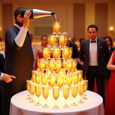 A towering structure of champagne flutes, elegantly arranged in a pyramid shape. The glasses are filled with sparkling champagne, glimmering under the soft lighting of the venue. A waiter in a crisp black tuxedo is pouring champagne from a bottle into the top glass, creating a cascading effect as the bubbly liquid flows down into the glasses below. The scene is surrounded by guests dressed in formal attire, celebrating at a lavish event. The atmosphere is filled with excitement and sophistication.