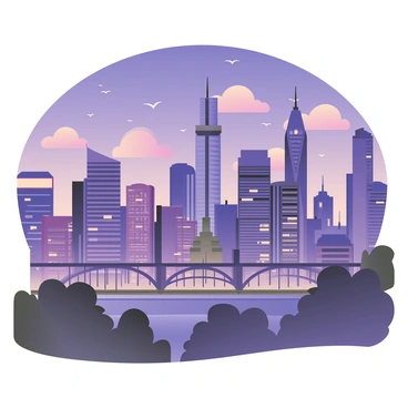 A digital flat illustration featuring a vibrant city skyline during twilight. The skyline is filled with various skyscrapers in different shapes and sizes, some with glass facades reflecting the fading light. In the foreground, there are recognizable landmarks such as a tall, iconic tower with a spire, and a bridge with arches. The sky is a gradient of deep blues and purples, dotted with fluffy clouds and hints of orange near the horizon. Small lights begin to illuminate the buildings, creating a contrast against the twilight backdrop. There are silhouettes of trees in the foreground to frame the scene.