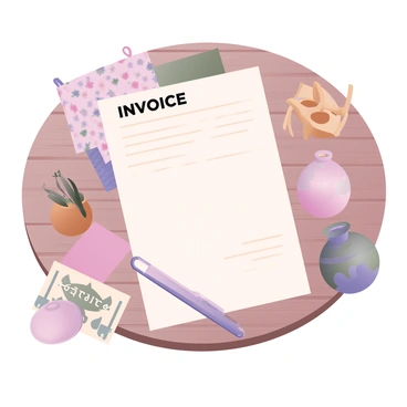 A digital flat illustration of an invoice placed on a wooden table. The invoice has clear, legible text and is surrounded by various handmade crafts and textiles. There are colorful fabric swatches in various patterns including floral and geometric designs scattered around the invoice. Next to the invoice, there are small handcrafted pottery pieces, each with unique glazes and textures. A pair of knitting needles with a partially knitted piece of yarn in soft pastel colors are also visible. The background features subtle textures of the wooden table surface, enhancing the artisanal theme.