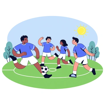 A group of four friends wearing matching sports uniforms consisting of blue shirts and white shorts. They are positioned on a green soccer field with white boundary lines clearly marked. One friend is kicking a black and white soccer ball while the others are running around, showing excitement. The sun is shining brightly in a clear blue sky, and a few trees are visible in the background.