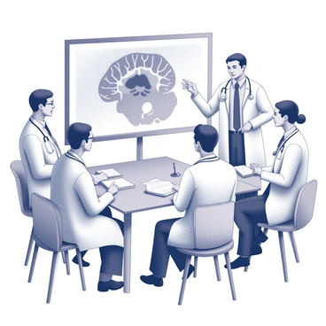 A group of doctors gathered around a large screen. They are intently discussing a case study related to an aneurysm. Each doctor is wearing a white coat, with some having stethoscopes draped around their necks. The large screen displays detailed medical imaging of the aneurysm, with annotations and diagrams visible. The doctors are engaged in conversation, gesturing towards the screen as they share their thoughts and insights. The room has a modern feel, with a table in the center filled with medical journals and tools.