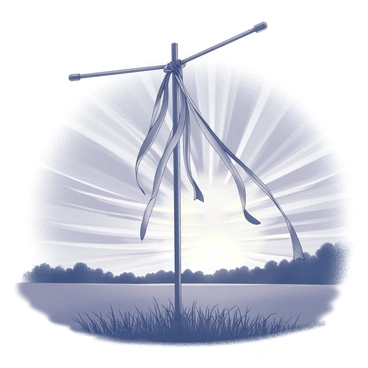A maypole stands tall in the foreground, its long, colorful ribbons cascading down. The structure is surrounded by open fields, creating a sense of expanse. In the background, the sun is setting, casting a silhouette of the maypole against a striking horizon. The sky is filled with an intricate pattern created by the setting sun, with deep shades creating a dramatic backdrop. The scene captures the essence of a beautiful evening, highlighting the maypole's shape against the stunning skyline.