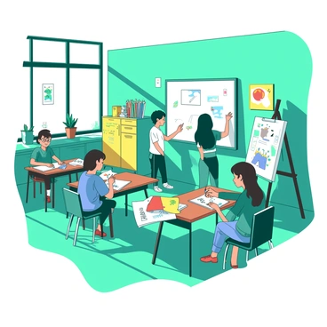 A teal classroom filled with students actively working on their illustrations. Some students are sitting at wooden desks, with colored pencils and sketchbooks spread out in front of them. Others are standing by a large whiteboard, discussing their ideas and sharing tips. Bright sunlight streams in through the windows, illuminating the walls adorned with colorful student artwork. In one corner, a yellow storage unit holds various art supplies, and a few easels are set up with canvases displaying half-finished illustrations. The atmosphere is focused and energetic as creativity fills the room.