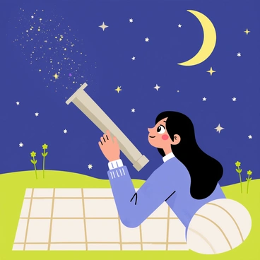 A girl with long, dark hair lying on a checkered blanket, staring up at a sky filled with stars. She is holding a silver telescope aimed at the myriad of twinkling stars above. The blanket is spread out on a grassy field, and small wildflowers can be seen nearby. The girl is wearing a cozy blue sweater, and her eyes are wide with curiosity and wonder as she observes the celestial wonders. The sky is deep blue, dotted with bright, shining stars, and a glowing crescent moon hangs low, casting a soft light over the scene.