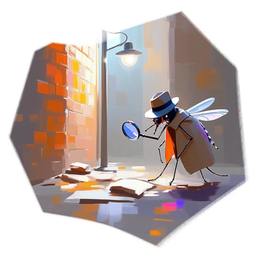 A mosquito wearing a small fedora and a trench coat is investigating an alley. The mosquito has a determined expression as it hovers close to the ground, inspecting the dark, shadowy corners of the alley for clues. The alley is dimly lit, with brick walls on either side and scattered debris on the ground. A faint light glimmers from a nearby streetlamp, casting shadows that add to the mysterious atmosphere. The mosquito holds a tiny magnifying glass in its front legs, closely examining the ground.
