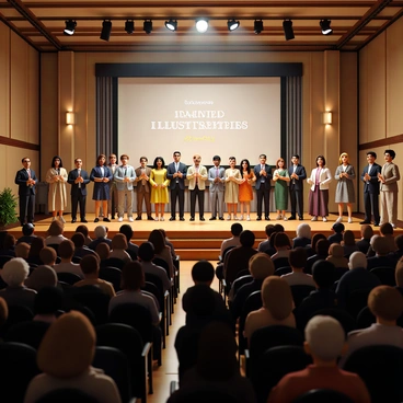 A large awards ceremony taking place in a spacious hall with elegant decor. A spotlight shines on a stage where several talented illustrators are standing proudly, holding their awards. The illustrators are diverse in appearance, showcasing a range of hairstyles and outfits. The audience, filled with people of various backgrounds, is applauding enthusiastically. Banners with the words "Celebrating Achievements" and "Talented Illustrators" hang in the background. The atmosphere is filled with excitement and admiration for the artists being honored.