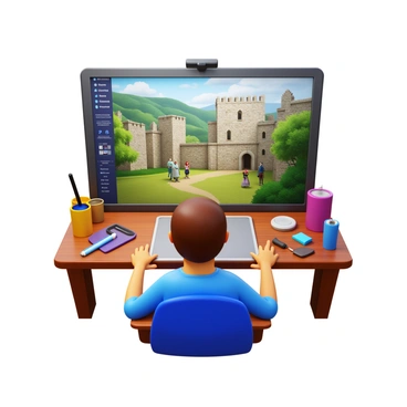 An illustrator working at a digital drawing tablet, focused on recreating a historical scene. The workspace is filled with various tools and software open on the screen. The scene being depicted showcases intricate details like stone buildings, people in period-appropriate clothing, and lush greenery. Light reflects off the textures of the materials, creating a vivid and immersive atmosphere.