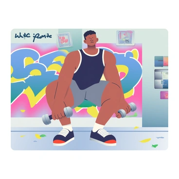 A person with light brown skin and short black hair is in an urban setting performing a goblet squat with a silver dumbbell. They are wearing a fitted black tank top and gray athletic shorts. The graffiti wall behind them is colorful, featuring bright spray-painted designs in blue, pink, and yellow. The ground is a concrete surface with scattered leaves, and there are faded posters on the wall around the person. The lighting is bright, indicating a sunny day.