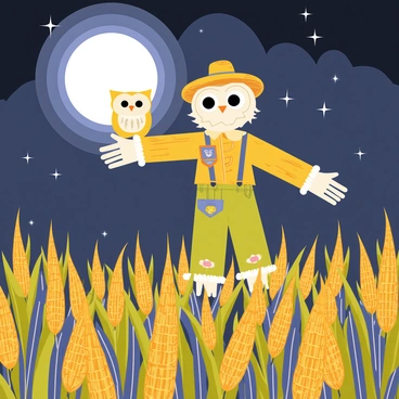 An owl with large, round eyes and fluffy feathers is perched on the outstretched arm of a scarecrow. The scarecrow has a straw hat and patchwork clothing, standing tall amongst the rows of corn. The moonlight casts a silvery glow over the scene, illuminating the cornfield and creating soft shadows. Some stalks of corn sway gently in the night breeze, adding a sense of movement to the stillness of the landscape. The starry sky above enhances the nocturnal atmosphere.