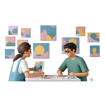 Two friends are sitting side by side at a table in an art class. One friend, a woman with long brown hair tied in a ponytail, wears a blue apron over a white shirt and is focused on painting a colorful landscape on her canvas. The other friend, a man with short black hair and glasses, wears a green t-shirt and is creating an abstract piece with bold colors. Around them, various vibrant canvases are displayed, showcasing a wide range of colors and styles, creating a lively atmosphere in the art class. Brushes and paint tubes are scattered across the table, adding to the creative setting. Both friends are smiling and engaged in their work.