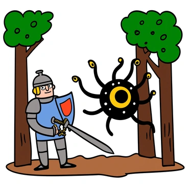 A brave knight with light armor and a shining helmet stands firmly in a forest clearing, gripping a sword in one hand and a shield in the other. The knight has short blonde hair and determined blue eyes. In front of the knight, a menacing beholder hovers in the air, its large central eye fixed on the knight. The beholder has a round body covered in dark, scaly skin and several eyestalks extending from its top, each with a smaller eye glaring menacingly. Surrounding them are tall trees with green leaves and dappled sunlight filtering through the branches, creating a dramatic atmosphere for their confrontation.