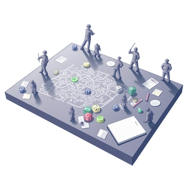 A wooden table is set up for a detective-themed board game. The game board is adorned with intricate designs representing a city layout. Several miniature figures, including detectives, suspects, and other characters, are positioned strategically across the board. A set of colorful rolled dice lies next to the game board, showcasing various numbers. Clue cards and game pieces are scattered around the table, adding to the atmosphere of intrigue. A notepad and pencil are placed beside the board for players to jot down notes.