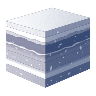 A cliff is depicted in a cross-section view, revealing multiple distinct layers of sedimentary rock. Each layer varies in texture and thickness, showcasing the geological history. The top layer is composed of fine-grained sandstone, while the one below features coarse gravel sediment. Darker shale layers are interspersed between lighter limestone sections. Various fossils can be seen embedded within the sediment, indicating past life. The structure of the cliff is sharply defined, with vertical lines emphasizing the stratification of the rock layers.