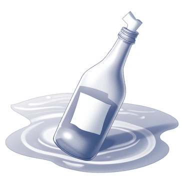 A glass bottle is positioned upright in the water, with a rolled-up note visible inside. The bottle is shiny and slightly distorted due to the water's surface. Surrounding the bottle is a vast ocean, with gentle ripples and waves that create a sense of depth. The horizon stretches endlessly in all directions, and the water reflects light in a dynamic pattern. The note inside the bottle is tightly rolled, hinting at hidden words or messages, with a slight shadow cast by the bottle on the water's surface.