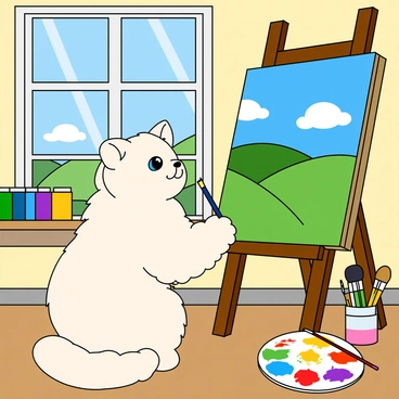 A fluffy ragdoll cat with blue eyes and soft white fur is sitting upright in front of a large easel. The cat is holding a paintbrush in its paw, with colorful splashes of paint on its paws. It is focused on painting a vibrant landscape on a canvas, which features rolling green hills and a bright blue sky with fluffy white clouds. The art studio is filled with bright light streaming through large windows, illuminating various art supplies scattered around, including tubes of paint and brushes in jars. There is a colorful palette nearby with smudges of paint on it.