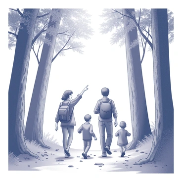 A family of four is walking along a forest trail. The parents are leading the way, with the mother wearing a backpack and the father pointing out something of interest in the trees. Two children, one boy and one girl, are happily following behind, the boy running ahead while the girl looks up at the tall trees. The trees are thick and towering, their trunks covered in textured bark, and the canopy above is dense, filtering sunlight through the leaves. The ground is littered with fallen leaves and small stones, creating a natural path through the lush greenery of the forest.