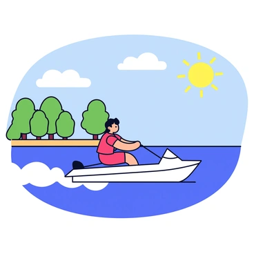 A person wearing a red life jacket is water skiing behind a white speedboat. The boat is moving swiftly across the bright blue water, creating splashes and waves. The sky above is clear with a few fluffy white clouds, and the sun is shining brightly, reflecting off the surface of the water. The skier is skillfully balancing on the water, with one arm holding onto the tow rope and the other extended for balance. In the background, green trees line the shore, adding to the summery atmosphere.