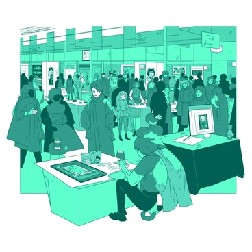 A teal comic convention scene filled with cosplayers and artists showcasing their work. Numerous booths are lined up, each adorned with colorful banners and merchandise. In the foreground, a group of cosplayers dressed in vibrant costumes poses for photos, displaying intricate details of their outfits. Nearby, an artist is sitting at a booth, sketching on a large pad of paper, surrounded by framed artworks and prints displayed on a table. The atmosphere is lively, with people interacting, browsing merchandise, and enjoying the creative environment.